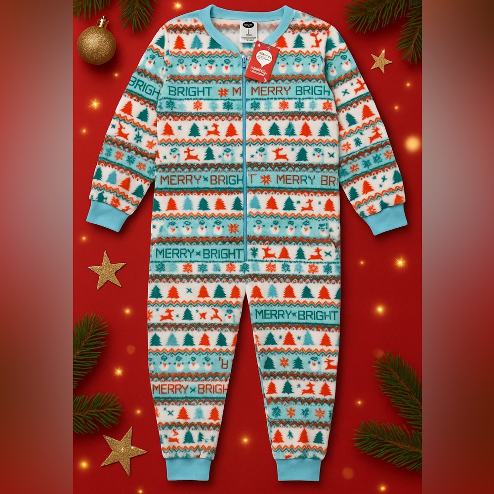COPY - 🎄 Merry Moments Holiday Fleece Pajama Suit Med NWT Christmas Reindeer Zip
